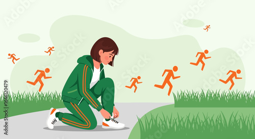 Illustration depicting a woman in sportswear tying her shoelaces before a run in a park setting with other runners nearby