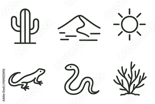 Minimalist desert icons: cactus, sun, mountain, reptile, snake, coral