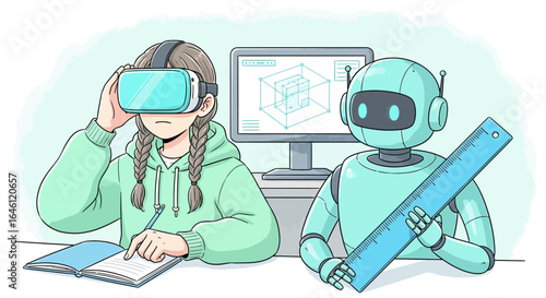 Girl using virtual reality headset studies with a robot assistant on a desk computer