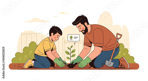 Father and son planting tree together in garden illustration promoting nature preservation
