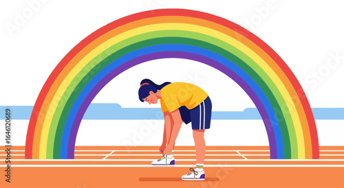 Female athlete tying shoelaces beneath vibrant rainbow for health and wellness promotion campaign