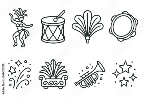 Festive carnival icons featuring dancer, drum, tambourine, trumpet, and fireworks