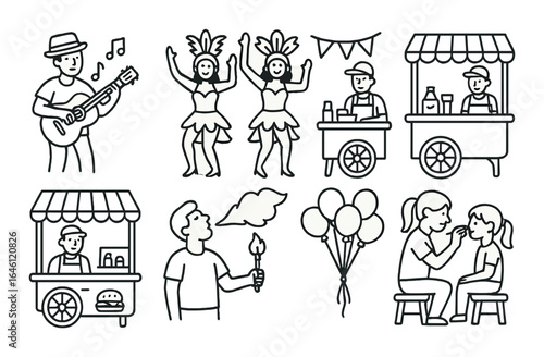 Festival celebration with music, dance, food stalls, and face painting activities