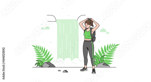 Female hiker preparing for a trek near a waterfall, enjoying the beauty of nature and the surrounding greenery on a hiking adventure