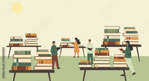 Illustration depicting people surrounded by stacks of books in a library setting