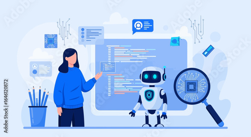 Illustration depicting human-AI collaboration in software development environment