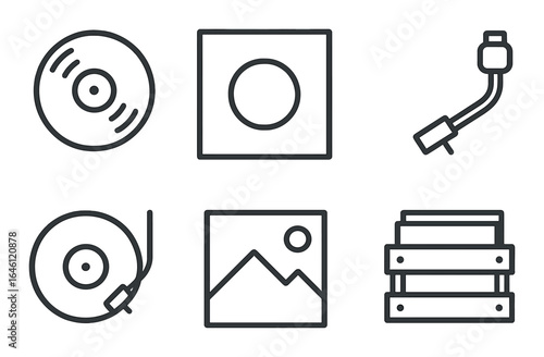 Vintage vinyl music icons: records, turntable arm, mountain art, and crate