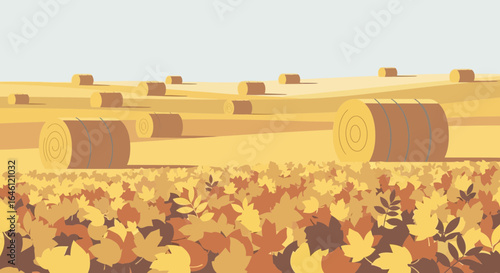 Golden Harvest Autumnal Scene Hay Bales Among Colorful Deciduous Leaves