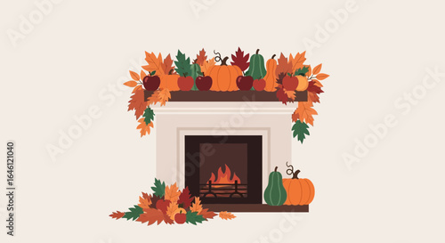 Festive autumn fireplace adorned with pumpkins leaves and apples creating a cozy seasonal atmosphere for fall celebrations