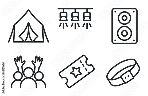 Festival icons set: tent, lights, speakers, crowd, ticket, wristband