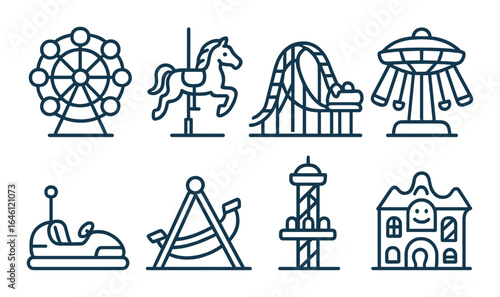 Amusement park icon set: ferris wheel, carousel, roller coaster, bumper cars, swing, funhouse