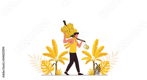 Illustration of a banana farmer carrying a harvest, with palm trees and tropical leaves, showcasing tropical agriculture and farming practices
