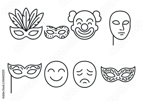 Collection of theatrical masks featuring comedy, tragedy, and carnival designs