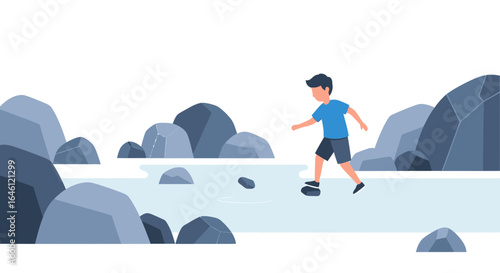 Illustration of a boy crossing a river by stepping on rocks in a minimalist style