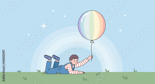 Illustration of a boy lying on the grass holding a rainbow striped balloon with dreamy background