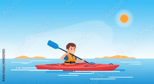 Illustration of a boy kayaking on a sunny day in the ocean with a safety vest on for protection and security