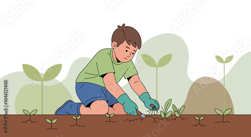Illustration of a boy planting seedlings in a garden with love and care for nature