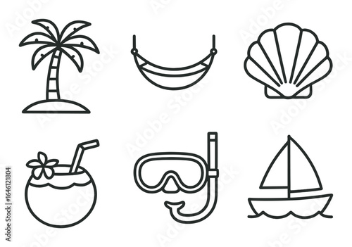 Tropical beach icons with palm, hammock, shell, coconut drink, snorkel, and sailboat