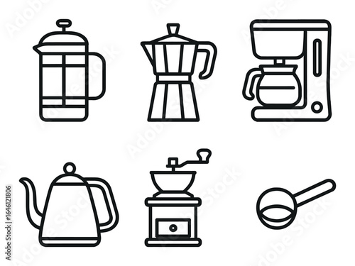 Minimalist coffee brewing tools icon set featuring french press and moka pot