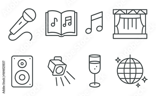 Musical icons: microphone, book, note, stage, speaker, spotlight, glass, disco ball