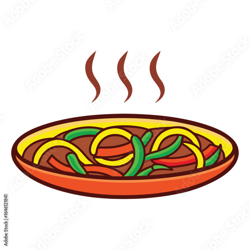 Cartoon illustration of a hot plate of sizzling Mexican fajitas isolated on a white background