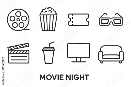 Movie night icons: film reel, popcorn, 3d glasses, ticket, clapperboard