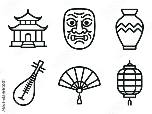 Set of traditional asian cultural icons: temple, mask, vase, lute, fan, lantern