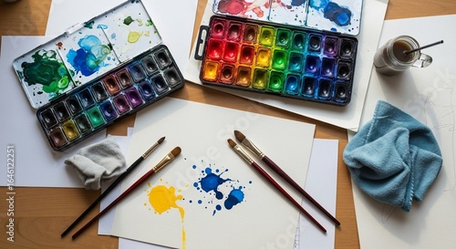 Vibrant Watercolor Art Supplies Flat Lay: Palettes, Brushes, and Colorful Paint Splashes