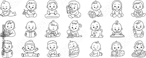 Adorable Baby Clipart Collection – Happy Infants Reading, Crawling, Playing, Eating, and Smiling in Cute Cartoon Line Art