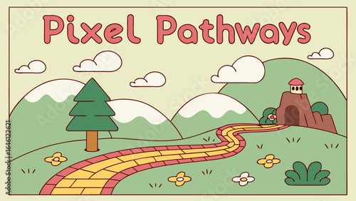 Illustration of a winding path leading to a small building on a hill with mountains and clouds in the background