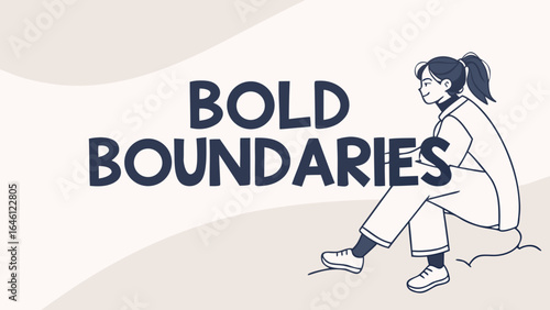 Illustration of a woman sitting near the text bold boundaries on a light beige background design vector