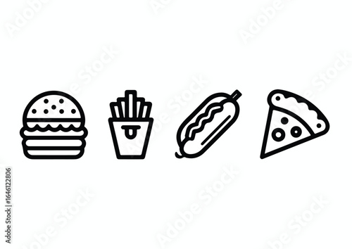 Simple Line Art Illustration of Popular Fast Food Items Including Hamburger French Fries Hot Dog and Pizza Slice on White Background