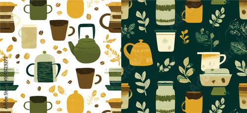 Stylish Coffee and Tea Pattern with Mugs Teapots and Coffee Beans Elegant Beverage Themed Design for Textiles Fabrics and Home Decor Projects