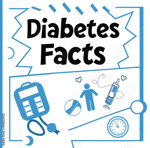 "Infographic layout for diabetes facts, blue medical icons, clean vector design"