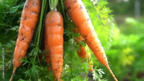 Fresh carrots hanging from vine