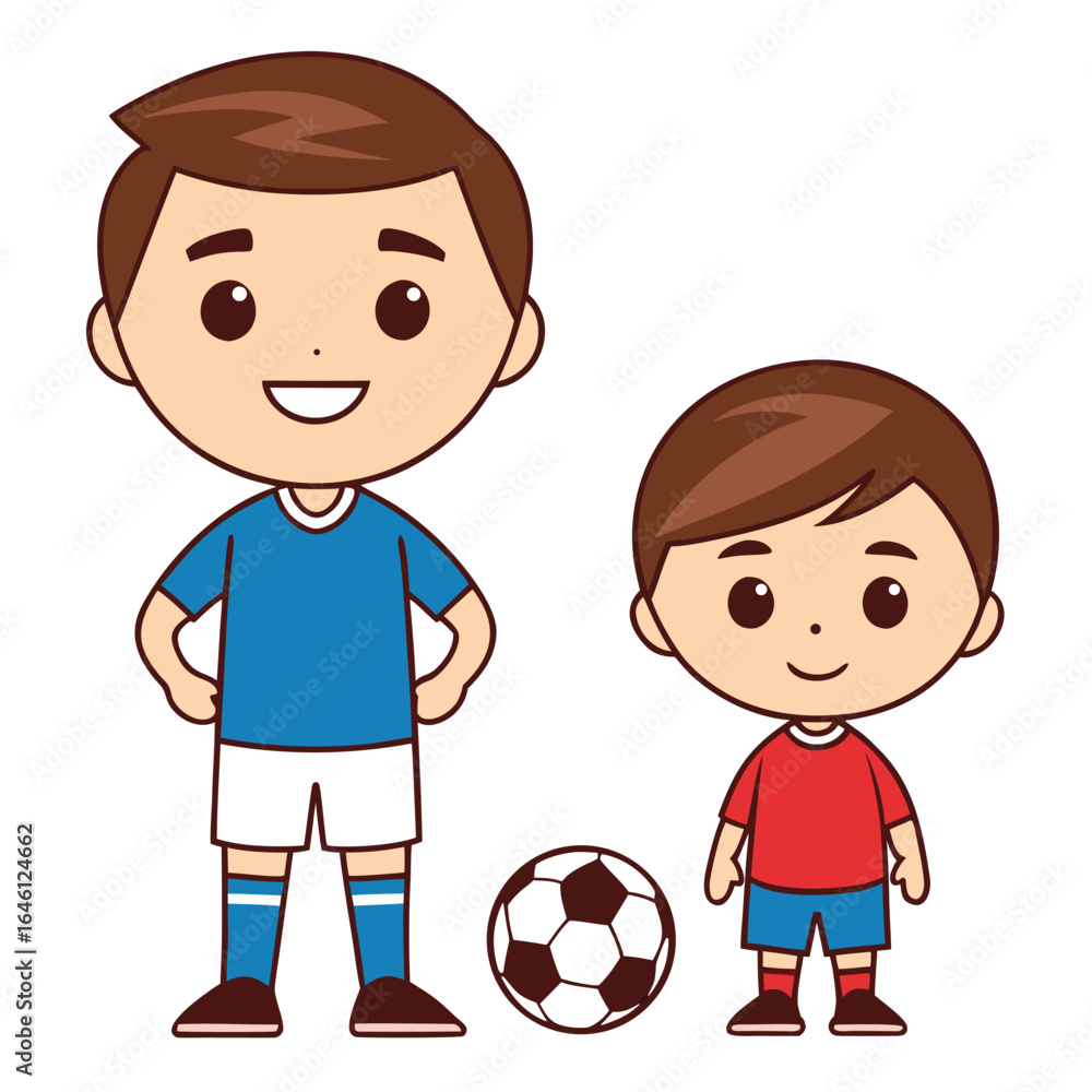 Father and Son Kicking a Soccer Ball, Isolated on White Background Father and Son Kicking a Soccer Ball, Isolated on White Background