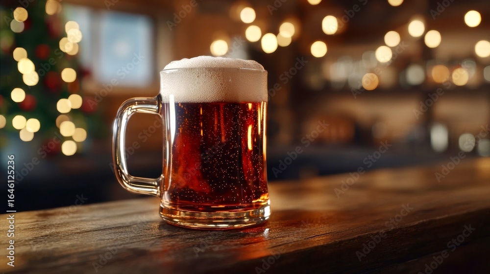 Frothy mug of dark beer on a wooden bar with warm bokeh lights, cozy pub ambience and festive feel. Frothy mug of dark beer on a wooden bar with warm bokeh lights, cozy pub ambience and festive feel.