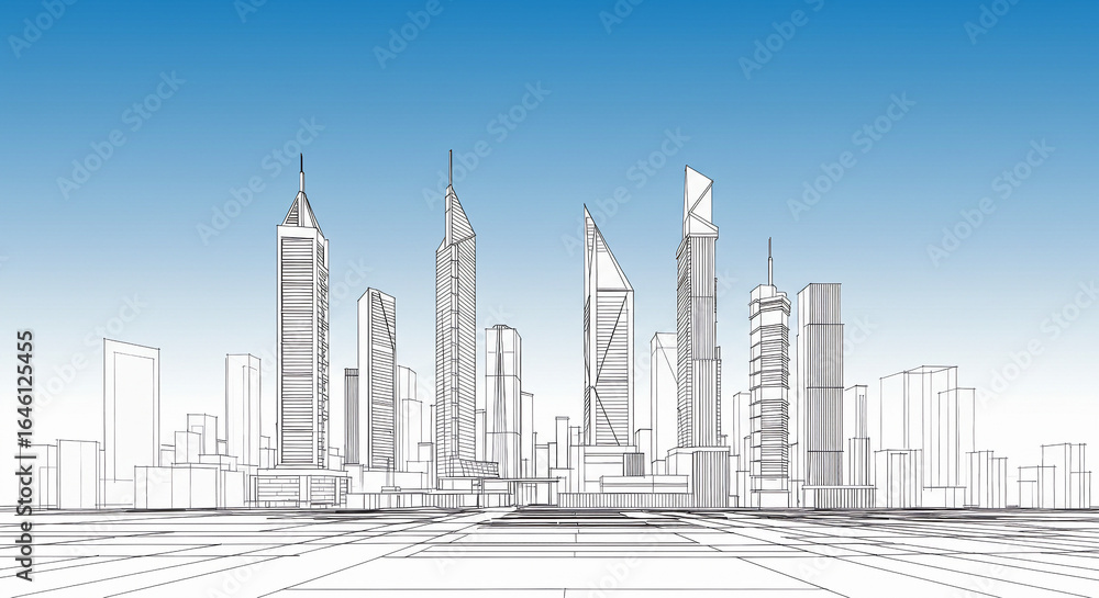 Naklejka premium Architectural Line Drawing of Modern City Skyline