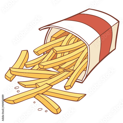 Delicious Golden French Fries Spill Out of a Striped Paper Container on a White Background