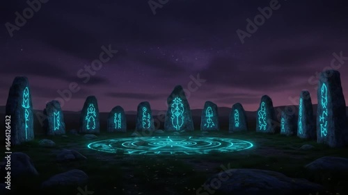 Illuminated stone circle with glowing symbols under a twilight sky landscape