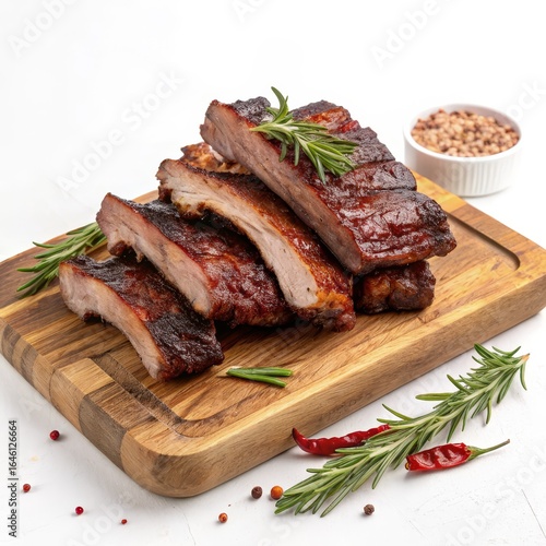 Grilled Ribs with Rosemary and Chili on Wood Board,BBQ, Meat Dish