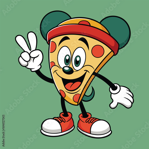 Cheerful Pizza Slice Mascot with Peace Sign