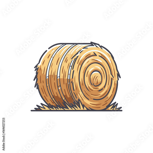 A detailed illustration of a hay bale resting on grass, set against a serene rural landscape