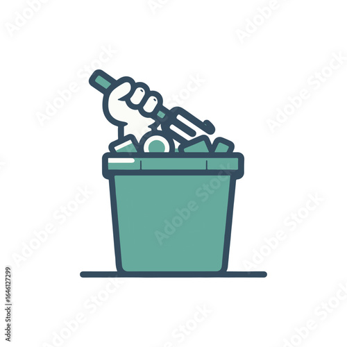 A hand holding a gardening fork is digging into a trash bin filled with waste, symbolizing environmental awareness