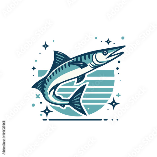 A vibrant illustration of a leaping fish against a stylized water background with stars
