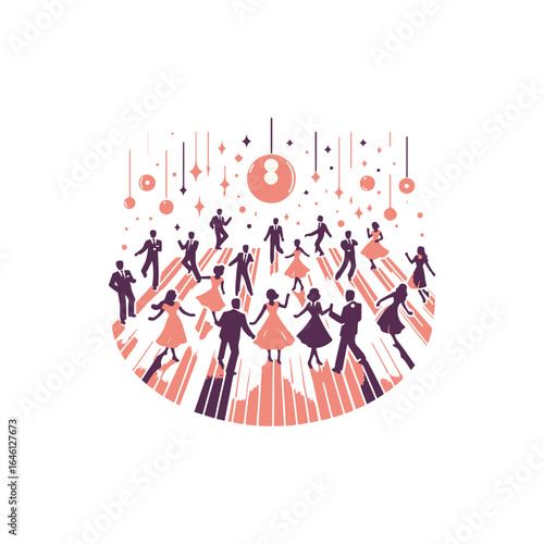 A vibrant dance scene showcasing couples and groups enjoying a lively ballroom atmosphere