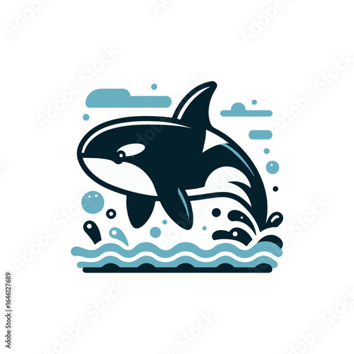 A vibrant illustration of an orca whale breaching the ocean surface with bubbles and waves