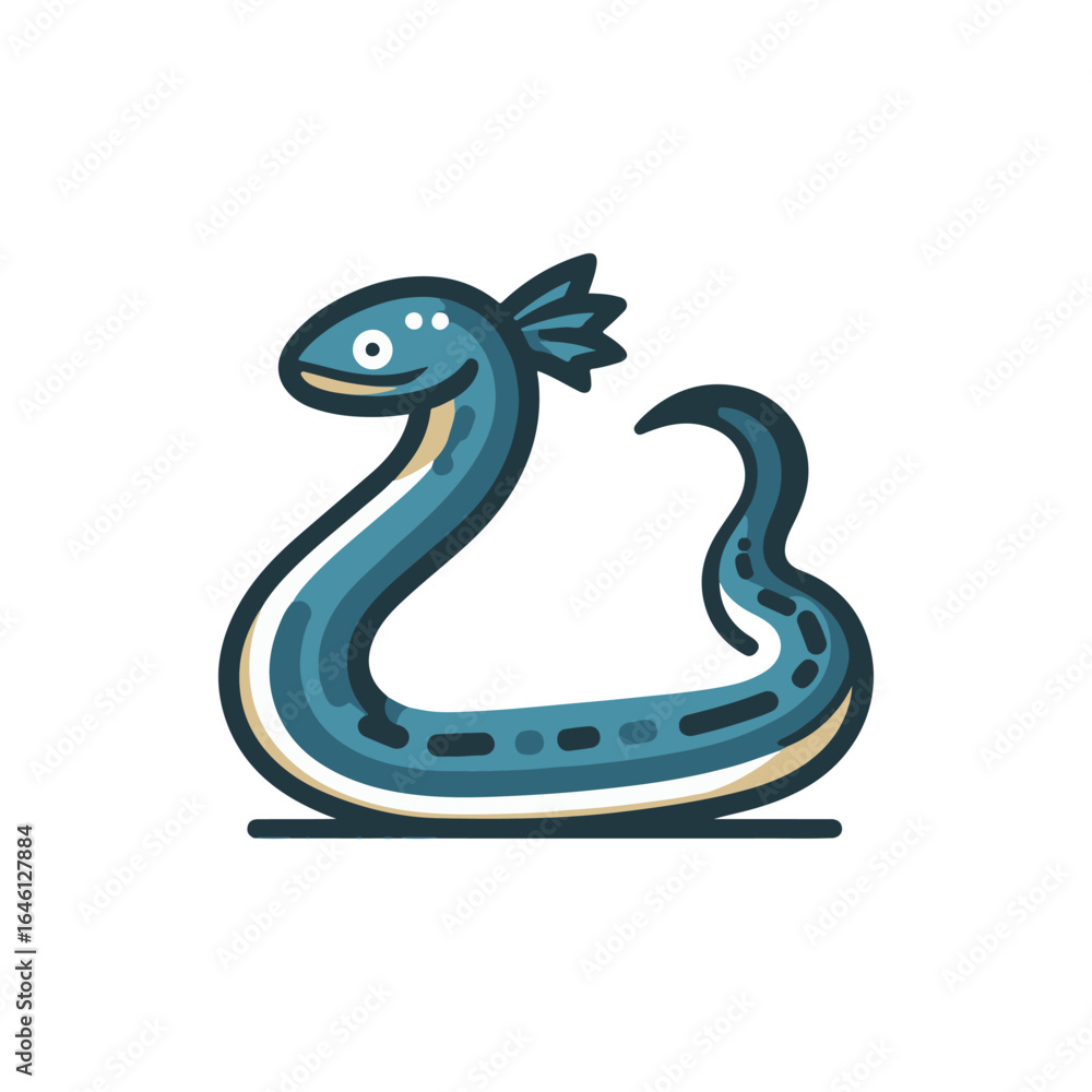 Obraz premium A whimsical blue serpent character coiled playfully on a white background, ideal for children's illustrations