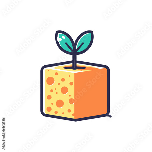 A vibrant orange cheese block with a green sprout emerging from the top, symbolizing growth
