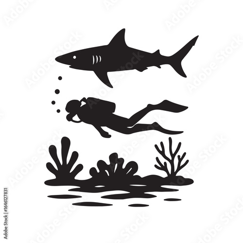 Reef shark near scuba driver for scale